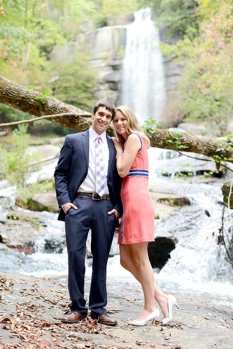 Formal engagement pictures at a waterfall in South Carolina