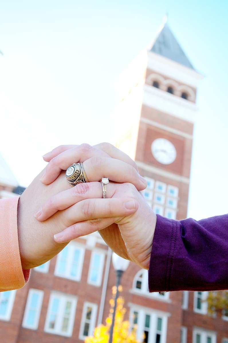 Clemson rings engagement picture at Tillman Hall at Clemson Univeristy in Clemson, SC