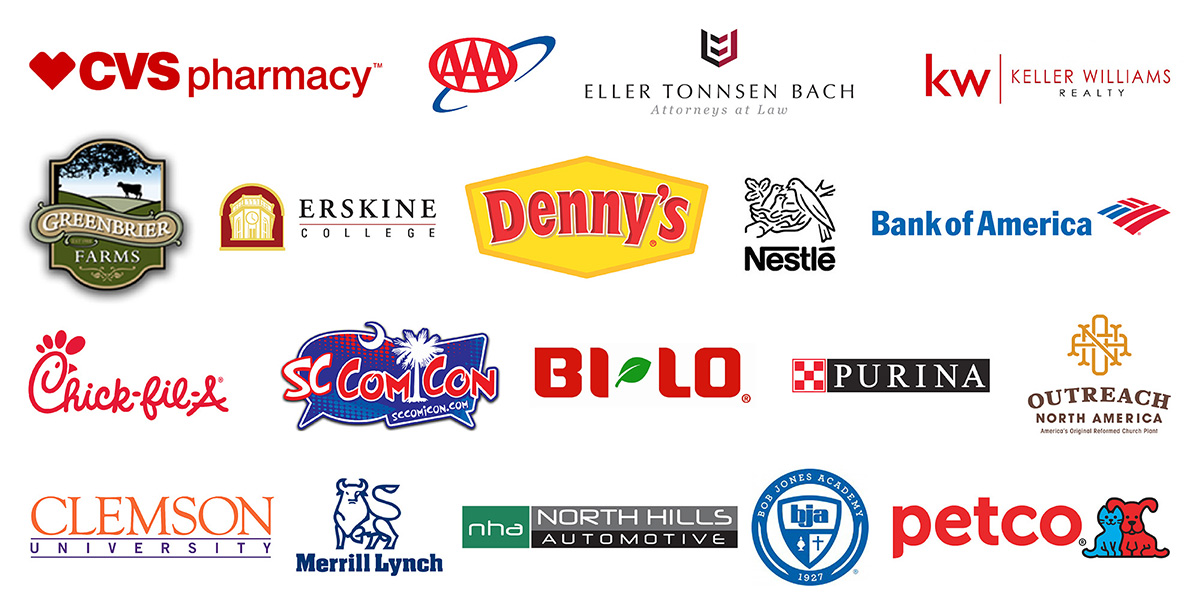 Commercial and corporate client highlights list with logos, including Greenbrier Farms, Clemson University, and Chick-fil-A